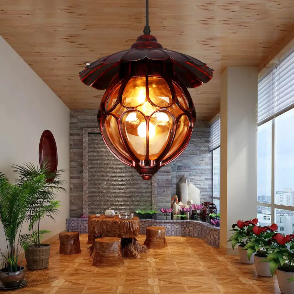 Copper Industrial Global/Ring Pendant Light With Cognac Glass Shade Adjustable 23.5’ Chain -