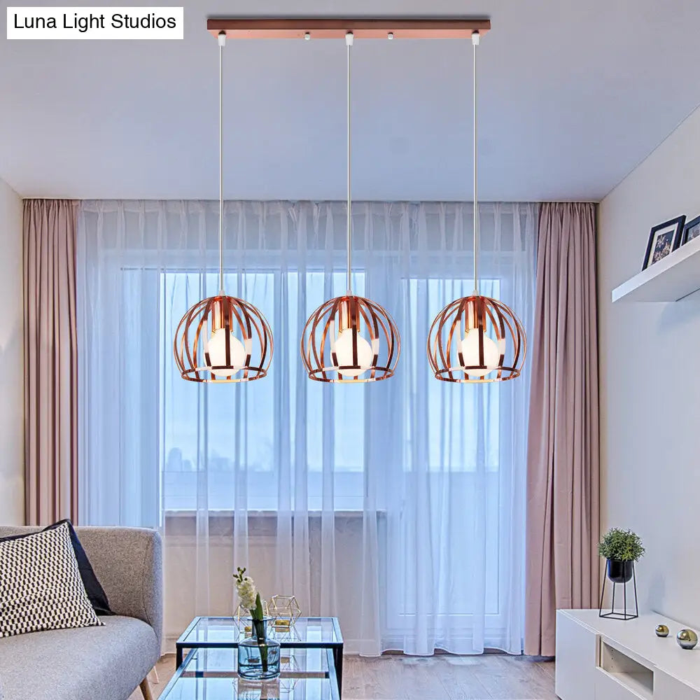 Industrial Copper Domed Metal Hanging Lamp With Wire Cage Shade - 3 Heads Ceiling Pendant For Living