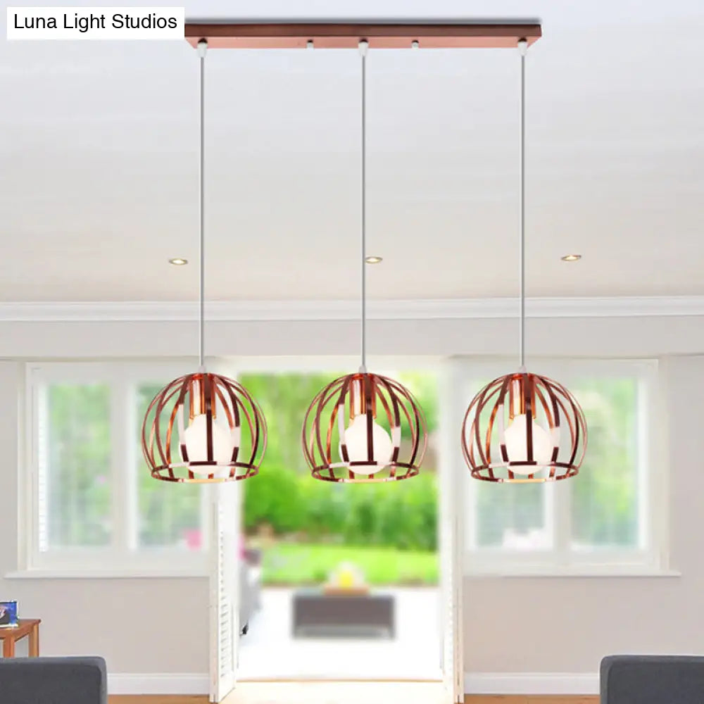 Copper Industrial Pendant Lamp With 3 Metal Dome Shades And Wire Cage - Perfect For Living Room