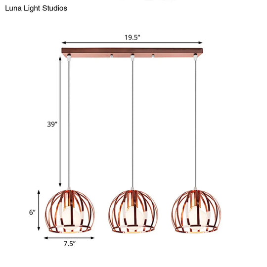 Copper Industrial Pendant Lamp With 3 Metal Dome Shades And Wire Cage - Perfect For Living Room