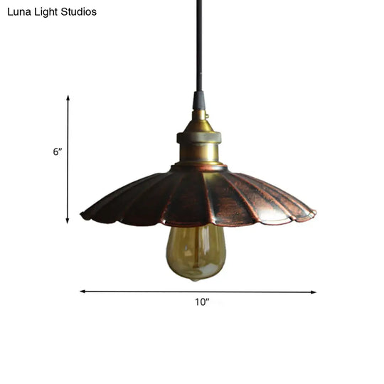 Copper Iron Ceiling Pendant Light With Antiqued Scalloped Drop Design - 1 Bulb 10’/14’/16.5’