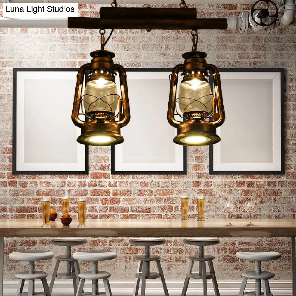 Copper Lantern Island Light With Clear Glass - 2-Bulb Kitchen Hanging Fixture Brass