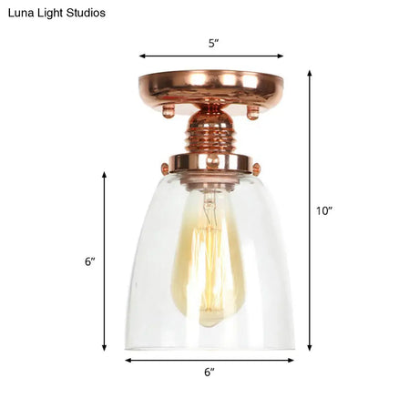 Copper Semi Flush Ceiling Fixture: Clear Glass Cone/Barrel/Bell Shade For Industrial Living Room
