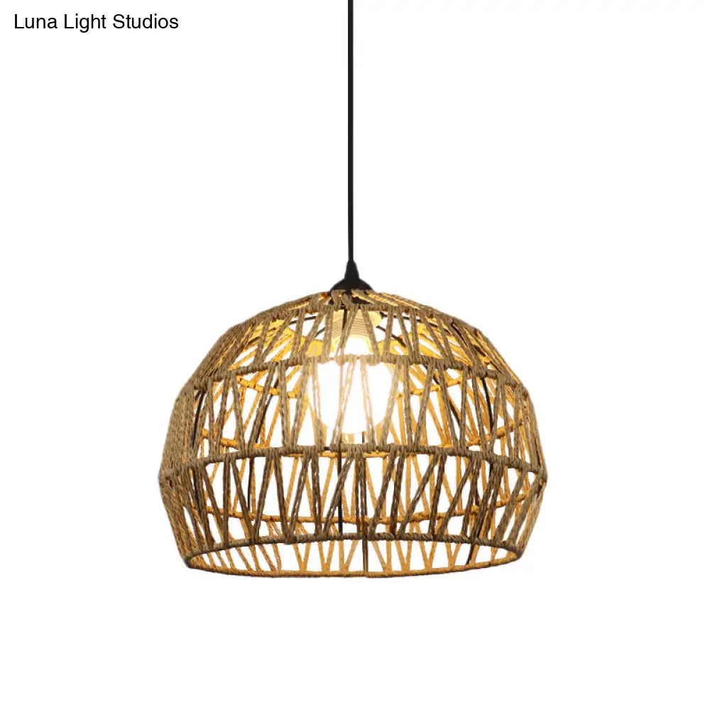 Corridor Hanging Light Fixture With Rattan Shade - Chic Black/Beige Suspended Lamp