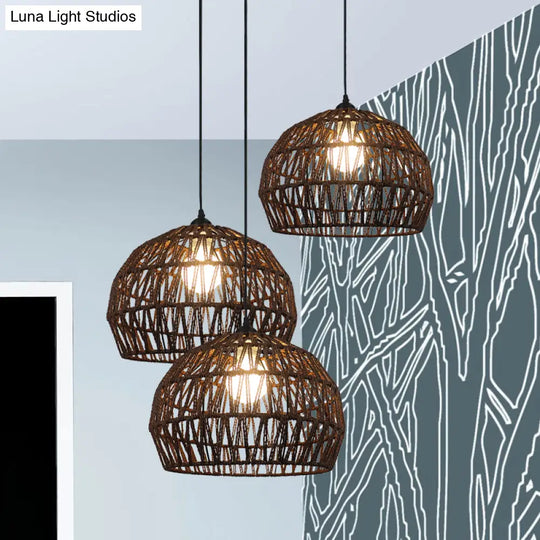 Corridor Hanging Light Fixture With Rattan Shade - Chic Black/Beige Suspended Lamp