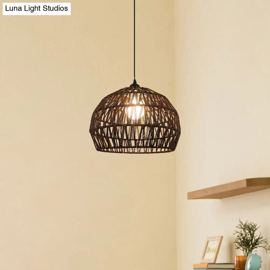 Corridor Hanging Light Fixture With Rattan Shade - Chic Black/Beige Suspended Lamp