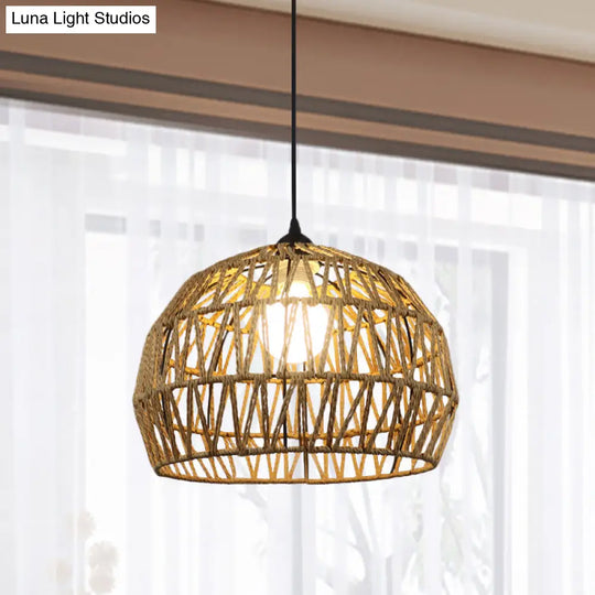 Corridor Hanging Light Fixture With Rattan Shade - Chic Black/Beige Suspended Lamp