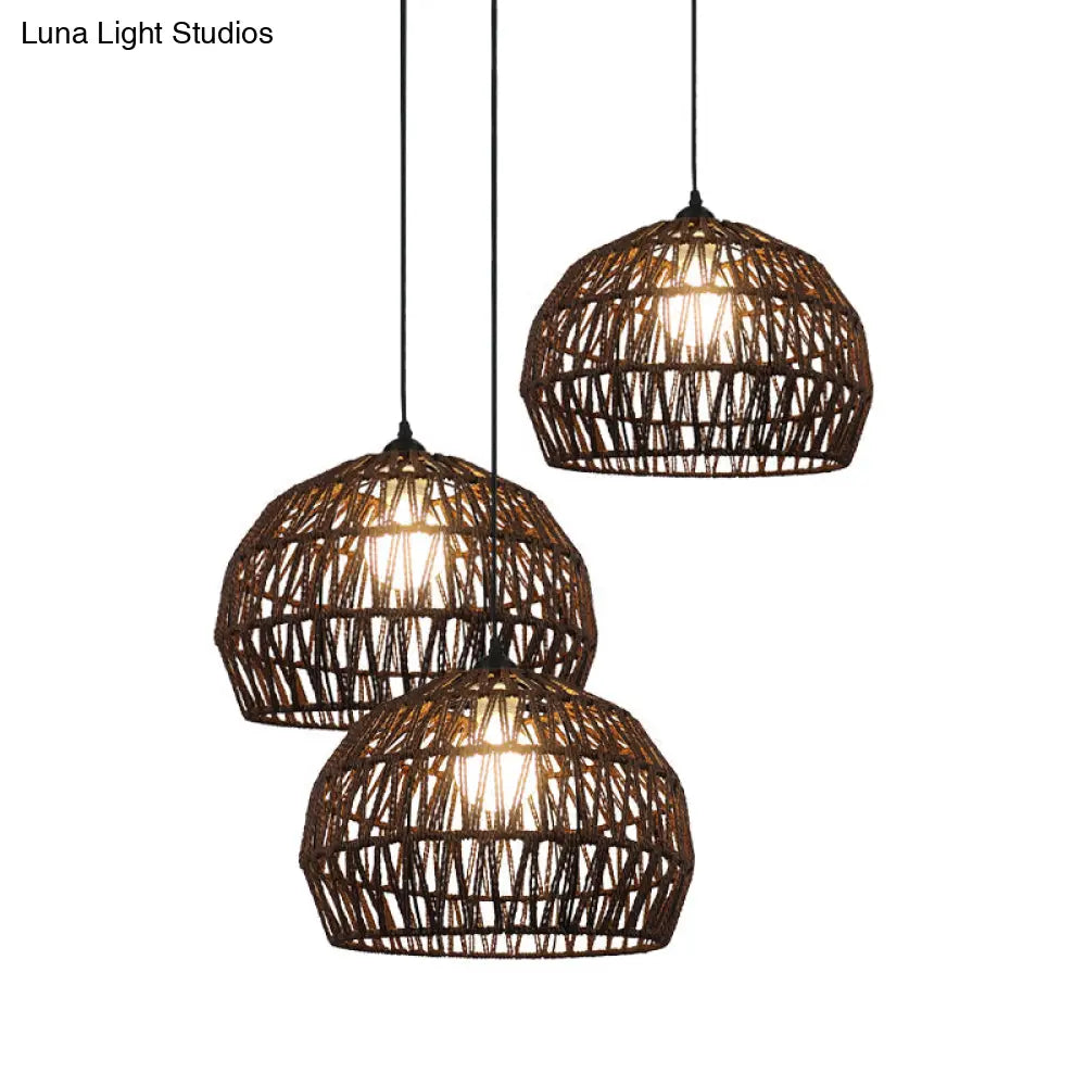 Corridor Hanging Light Fixture With Rattan Shade - Chic Black/Beige Suspended Lamp