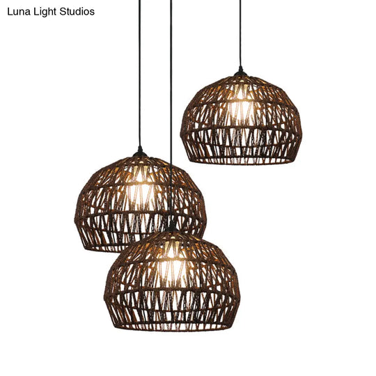 Corridor Hanging Light Fixture With Rattan Shade - Chic Black/Beige Suspended Lamp