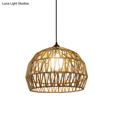 Corridor Hanging Light Fixture With Rattan Shade - Chic Black/Beige Suspended Lamp