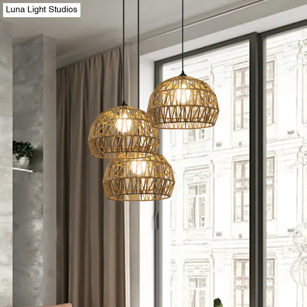 Corridor Hanging Light Fixture With Rattan Shade - Chic Black/Beige Suspended Lamp