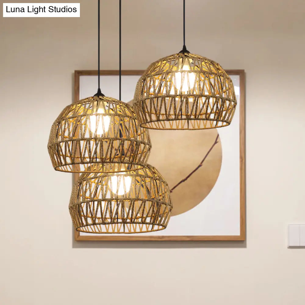 Corridor Hanging Light Fixture With Rattan Shade - Chic Black/Beige Suspended Lamp