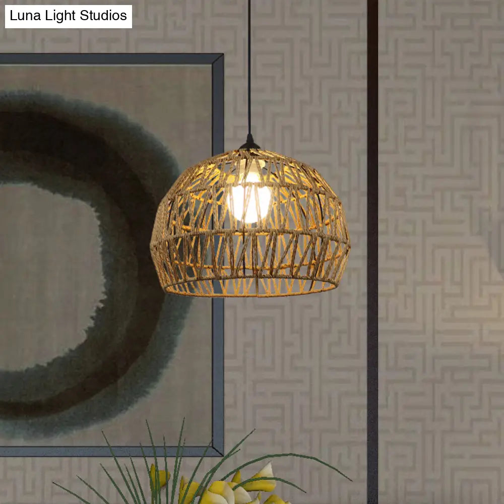 Corridor Hanging Light Fixture With Rattan Shade - Chic Black/Beige Suspended Lamp