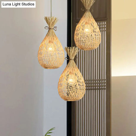 Cottage Bamboo Cluster Pendant Light Fixture - Wood Teardrop Shape 3 Heads