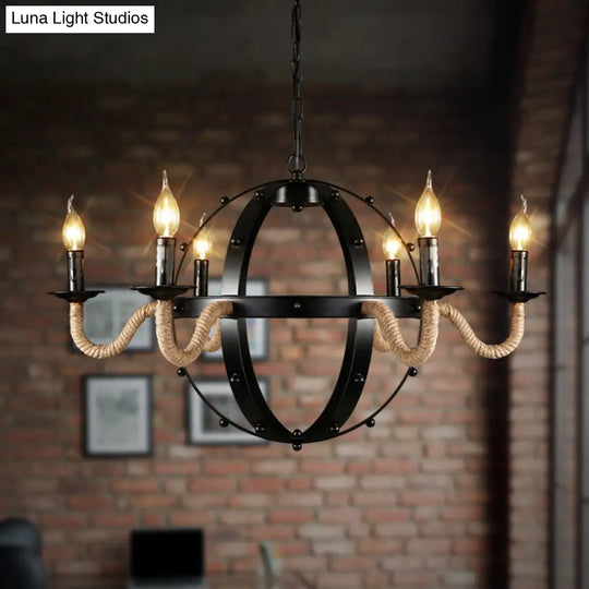 Country Black Metal Chandelier Pendant Light With 6 Candle Lights For Dining Room Ceiling