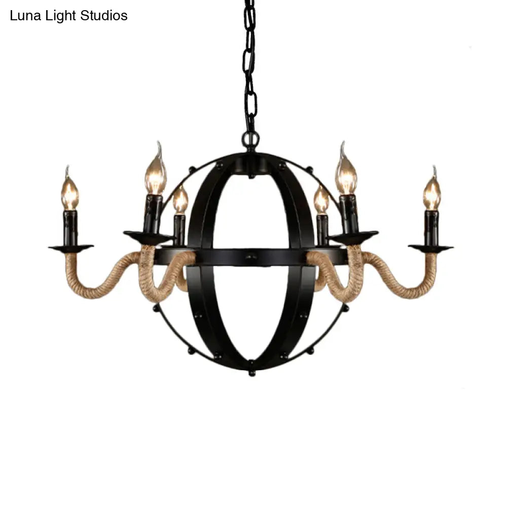 Country Black Metal Chandelier Pendant Light With 6 Candle Lights For Dining Room Ceiling