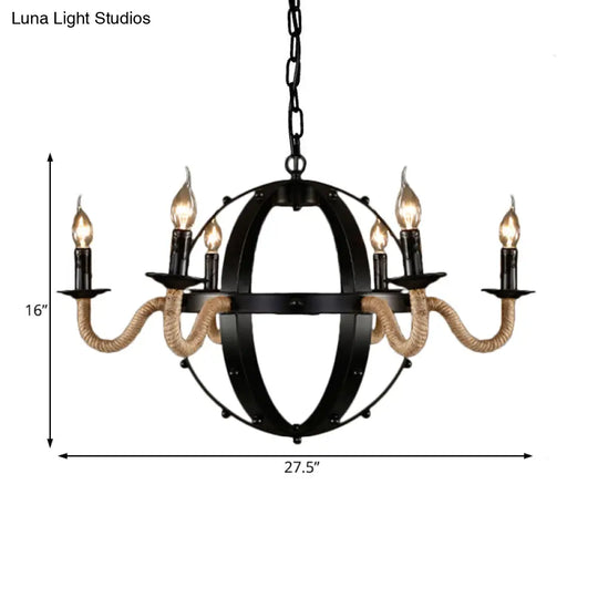 Country Black Metal Chandelier Pendant Light With 6 Candle Lights For Dining Room Ceiling