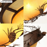 Country Bowl Frosted Glass Hanging Chandelier In Red Brown With Pinecone Accents - 4-Light Ceiling