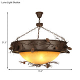 Country Bowl Frosted Glass Hanging Chandelier In Red Brown With Pinecone Accents - 4-Light Ceiling