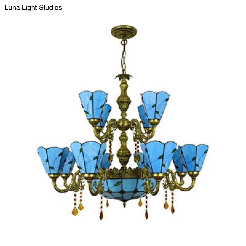 Country Chandelier: Beige/Blue Stained Glass 12 Heads Two-Tiers Pendant Light For Living Room