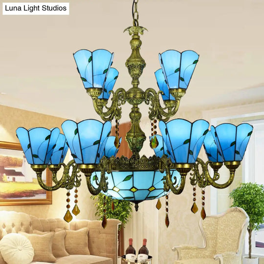 Beige/Blue Stained Glass Country Chandelier - 12 Heads Two-Tier Suspension Light For Living Room