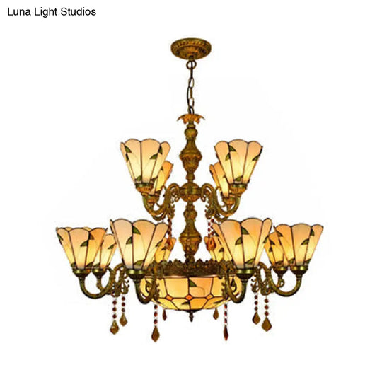 Country Chandelier: Beige/Blue Stained Glass 12 Heads Two-Tiers Pendant Light For Living Room