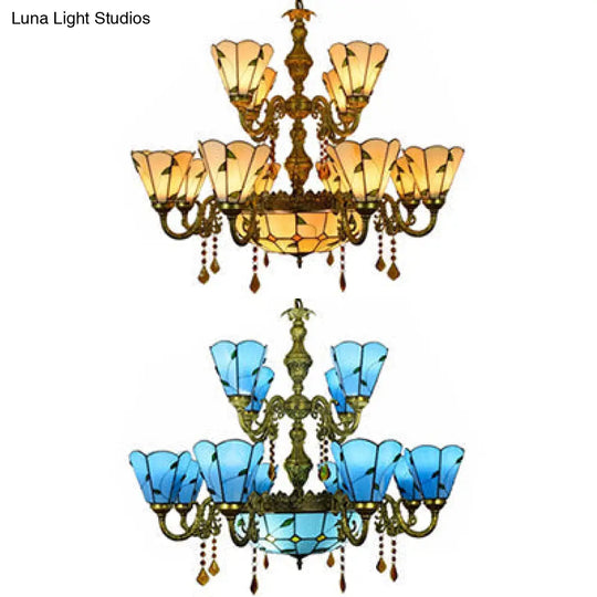 Country Chandelier: Beige/Blue Stained Glass 12 Heads Two-Tiers Pendant Light For Living Room