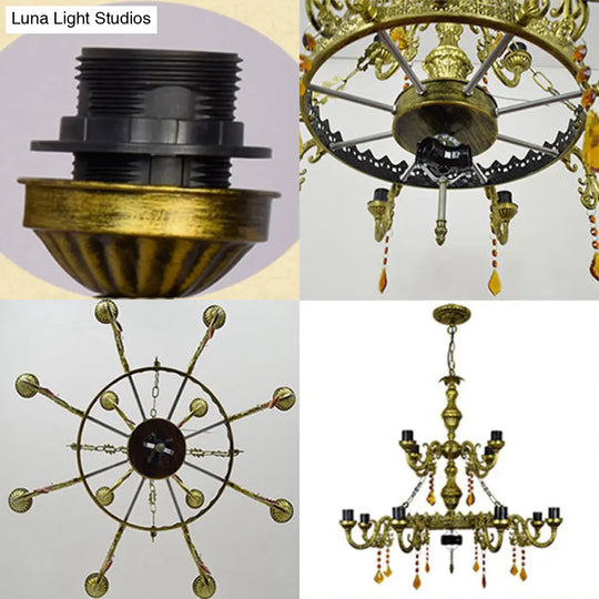 Beige/Blue Stained Glass Country Chandelier - 12 Heads Two-Tier Suspension Light For Living Room