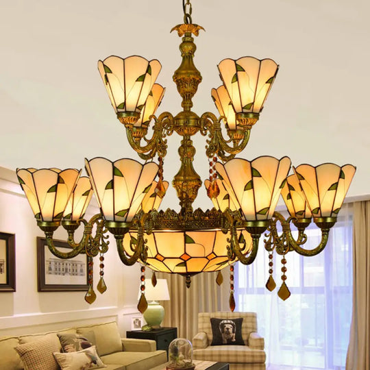 Country Chandelier: Beige/Blue Stained Glass 12 Heads Two-Tiers Pendant Light For Living Room Beige