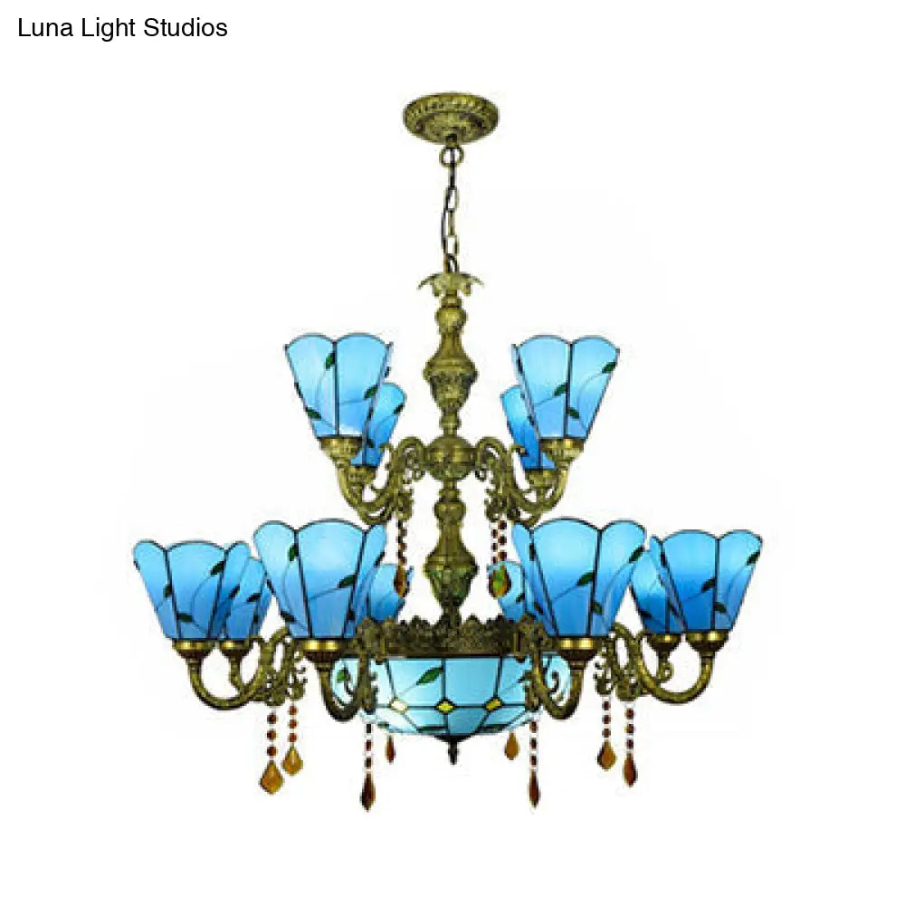 Beige/Blue Stained Glass Country Chandelier - 12 Heads Two-Tier Suspension Light For Living Room