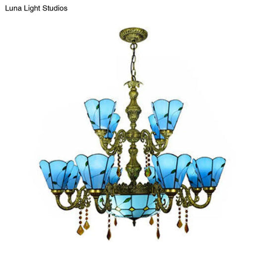 Beige/Blue Stained Glass Country Chandelier - 12 Heads Two-Tier Suspension Light For Living Room