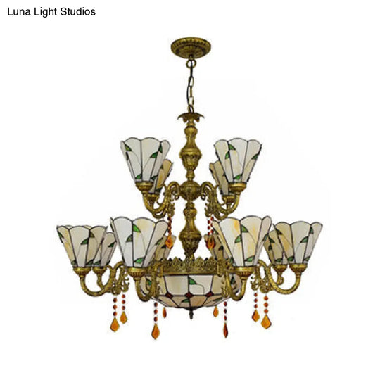 Beige/Blue Stained Glass Country Chandelier - 12 Heads Two-Tier Suspension Light For Living Room
