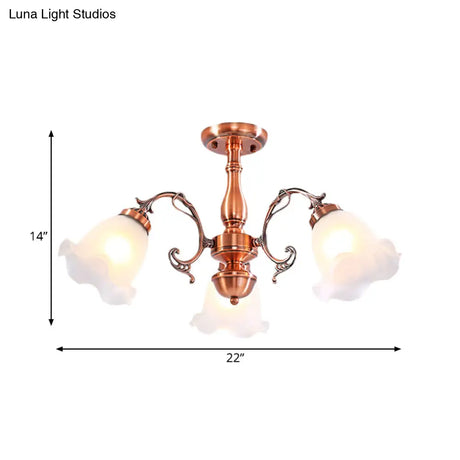 Country Cream Glass Flower Shape Semi Flush Mount Lamp - Copper Lighting (3/5/8 Lights)