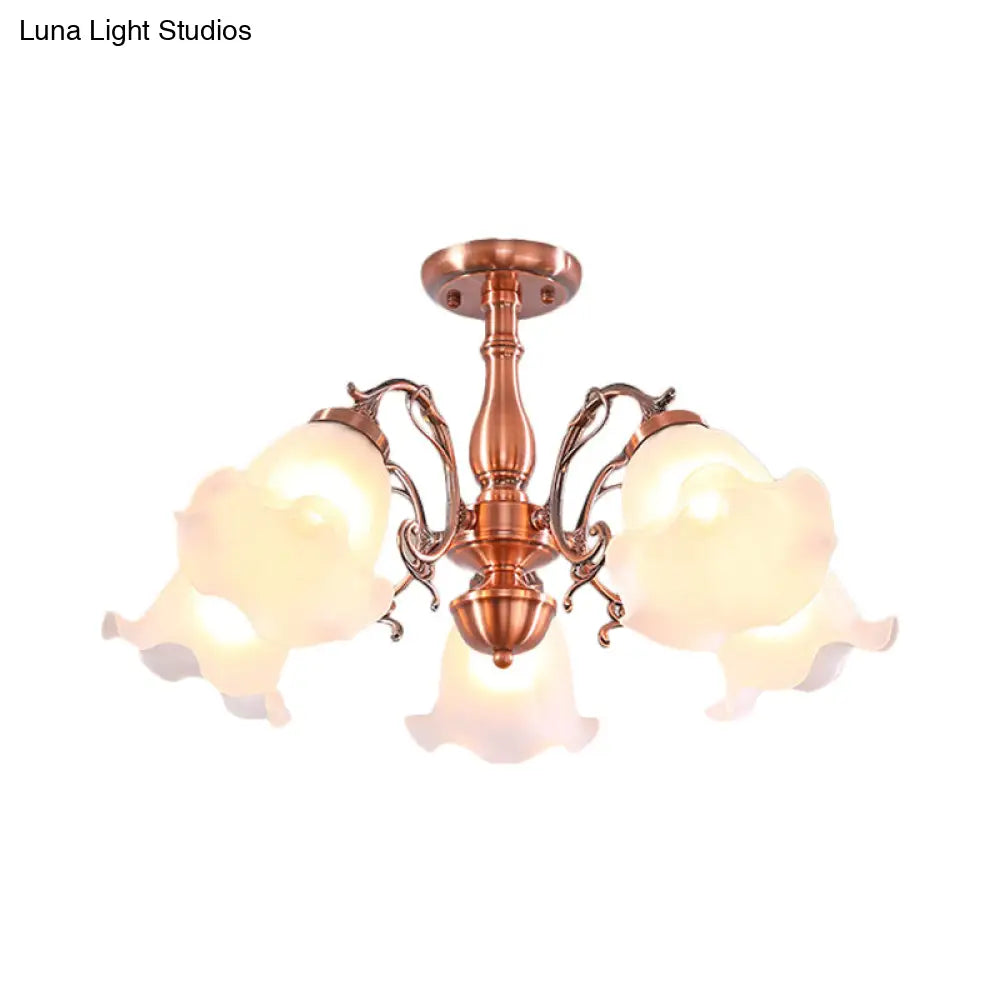 Country Cream Glass Flower Shape Semi Flush Mount Lamp - Copper Lighting (3/5/8 Lights)