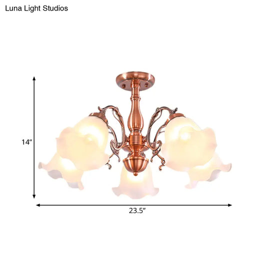 Country Cream Glass Flower Shape Semi Flush Mount Lamp - Copper Lighting (3/5/8 Lights)
