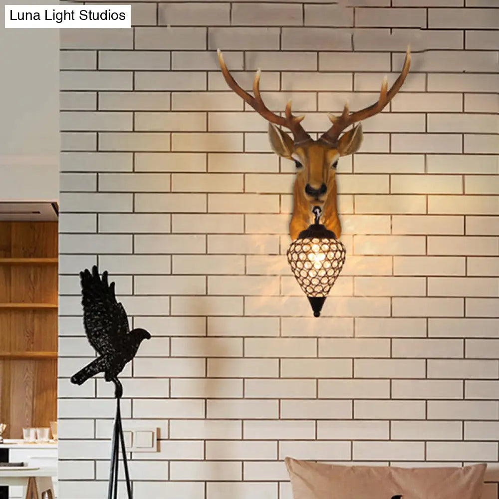 Country Crystal Wall Sconce Lamp With Deer Head Teardrop Beveled Design - 15/20.5/24.5 Wide 1
