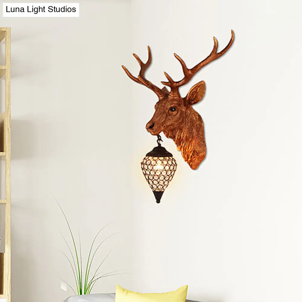 Country Crystal Wall Sconce Lamp With Deer Head Teardrop Beveled Design - 15/20.5/24.5 Wide 1