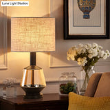 Country Cylinder Nightstand Lamp With Urn Amber Glass Base - White/Beige Fabric Shade