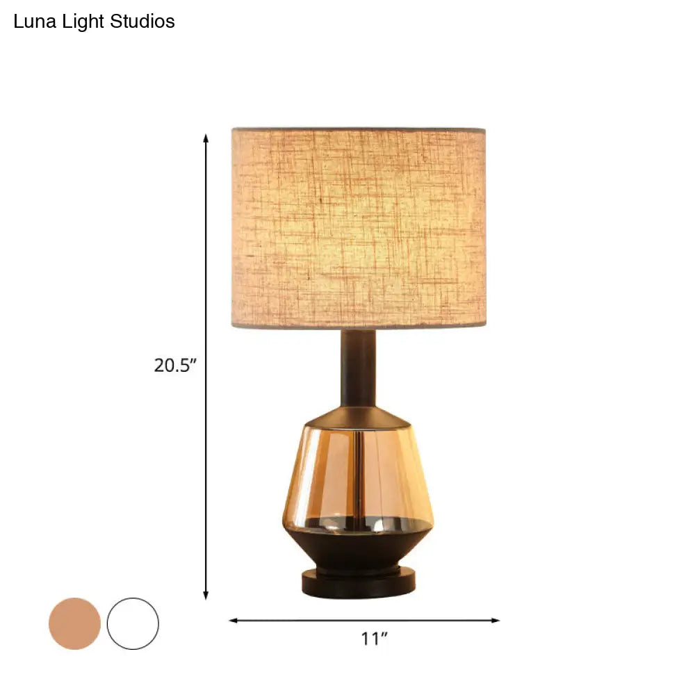 Country Cylinder Nightstand Lamp With Urn Amber Glass Base - White/Beige Fabric Shade