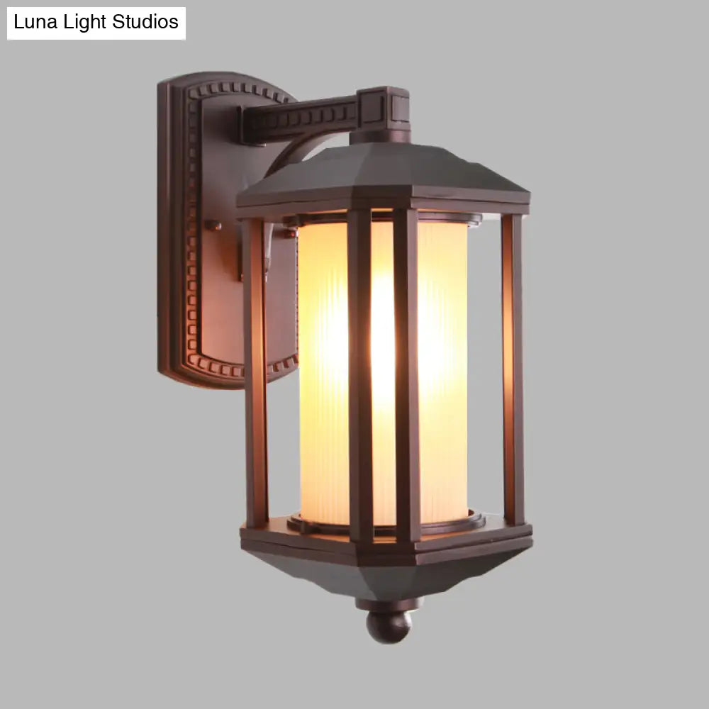 Country Dark Coffee Cylinder Wall Light Sconce With Frosted Glass - Outdoor Lighting Idea