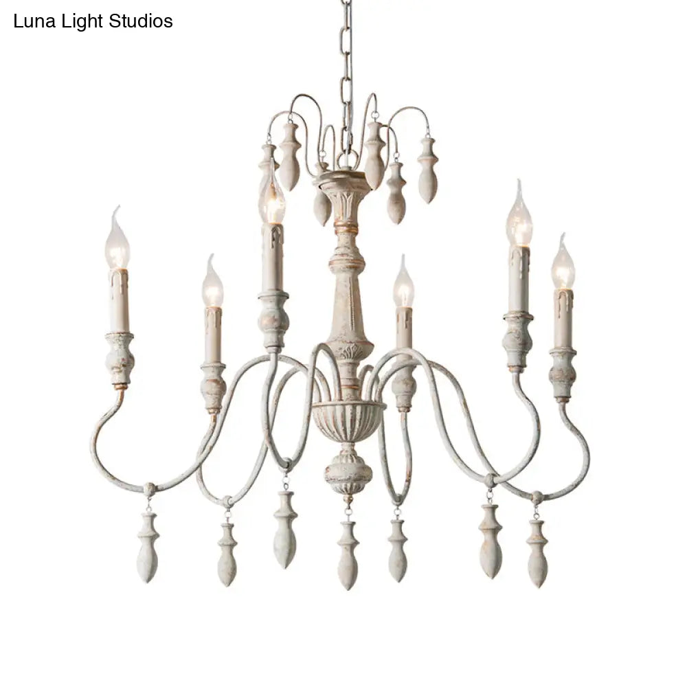 Country Distressed White Wood Chandelier Lighting - 6 Heads Swooping Arm Ceiling-Hung