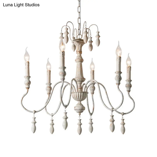 Country Distressed White Wood Chandelier Lighting - 6 Heads Swooping Arm Ceiling-Hung