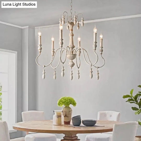 Country Distressed White Wood Chandelier Lighting - 6 Heads Swooping Arm Ceiling-Hung