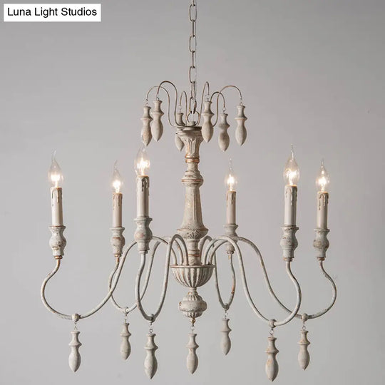 Country Distressed White Wood Chandelier Lighting - 6 Heads Swooping Arm Ceiling-Hung