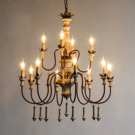 Country Distressed Wood Pendant Chandelier With Scrolled Arm - Living Room Hanging Light Kit 12 /