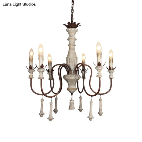 Country Distressed Wood Pendant Chandelier With Scrolled Arm - Living Room Hanging Light Kit