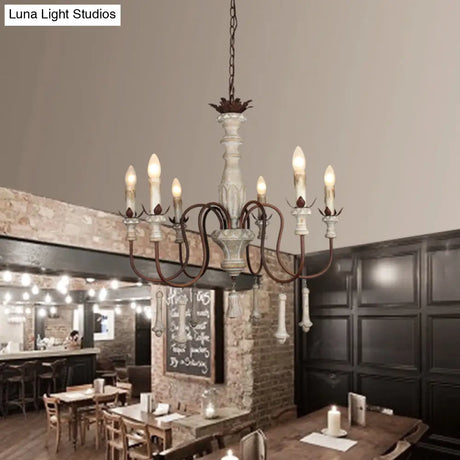 Country Distressed Wood Pendant Chandelier With Scrolled Arm - Living Room Hanging Light Kit