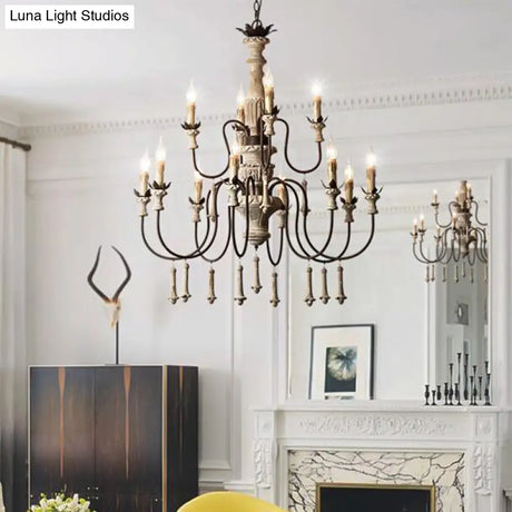 Country Distressed Wood Pendant Chandelier With Scrolled Arm - Living Room Hanging Light Kit