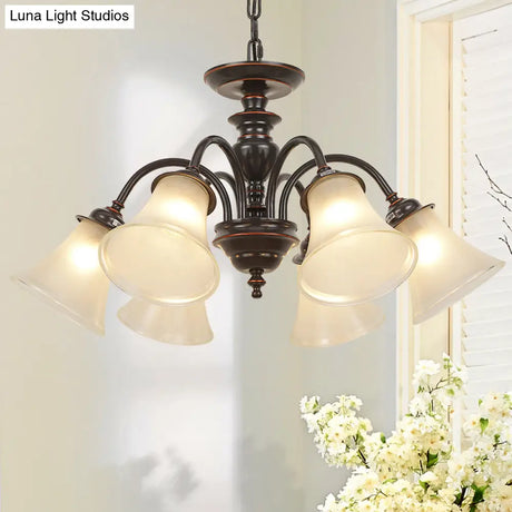 Country Flare Chandelier Light With Frosted Glass - Black Ceiling Mount
