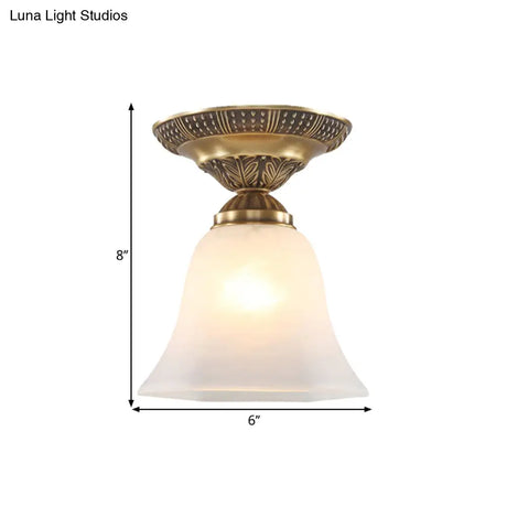 Country Flush Mount Frosted Glass Single Head Bell Shape Ceiling Light With Brass Finish